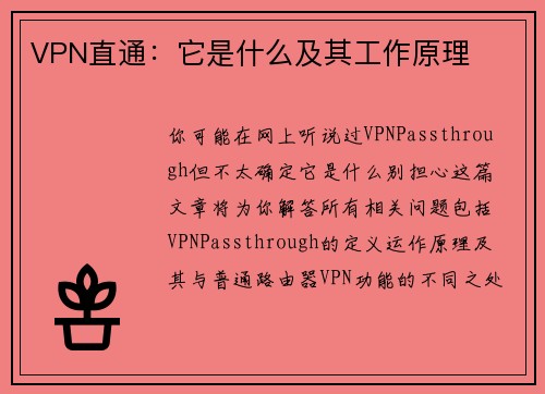 VPN直通：它是什么及其工作原理 
